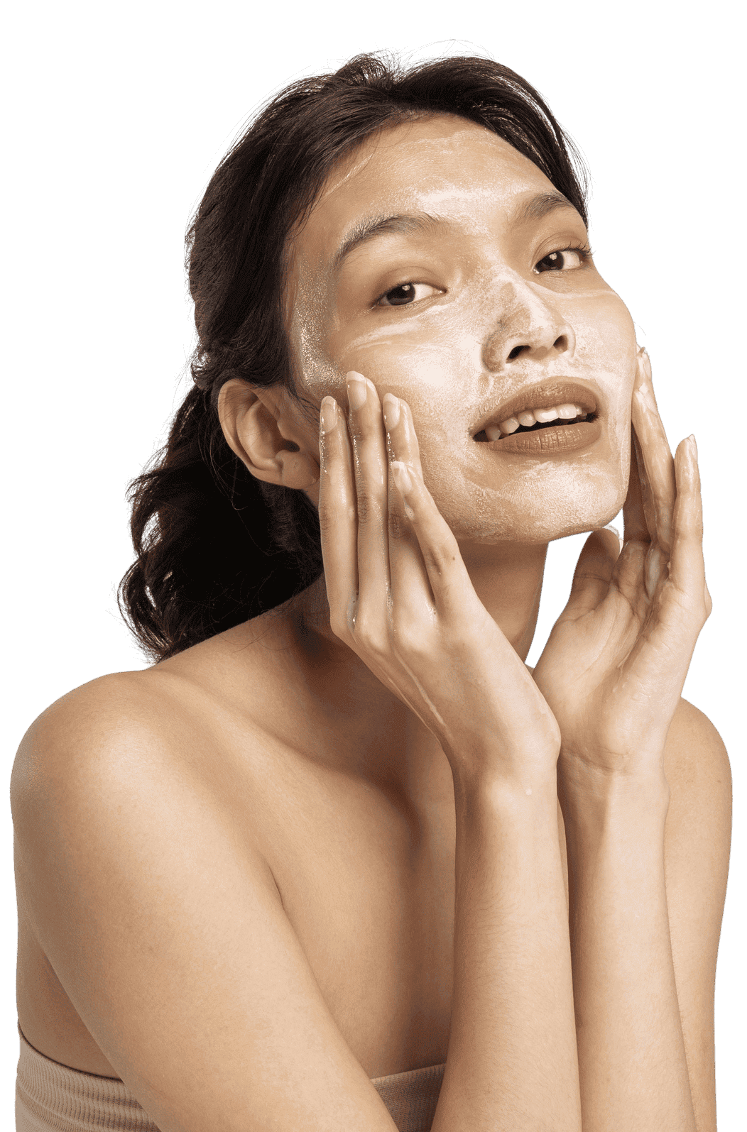 A woman using a cosmetic product